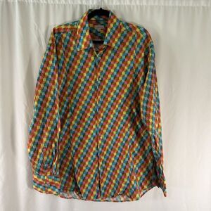Coton Doux Dress Shirt Men 44/45 17.5 Rainbow Block Colors Long Sleeve Button Up